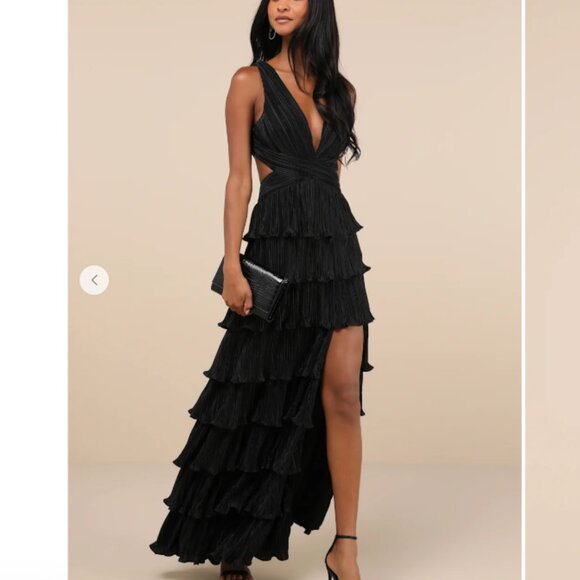 Lulus Black Satin Pleated Tiered Lace-Up Maxi Dress XS - Picture 2 of 10